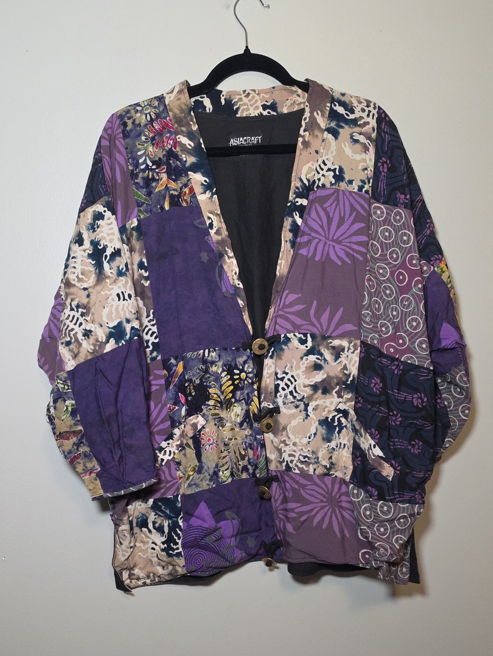 Craft Patchwork Button-Front Cardigan in Purple and Cream
